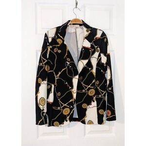 Ivory Love Blazer Chain Print Gold Accents‎ Career Jacket Size M
